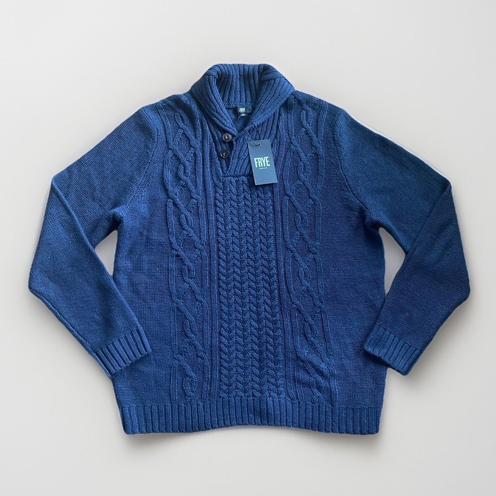 NWT Frye Mens XL Navy Blue Collared Chunky Cable Knit Henley Sweater Fisherman